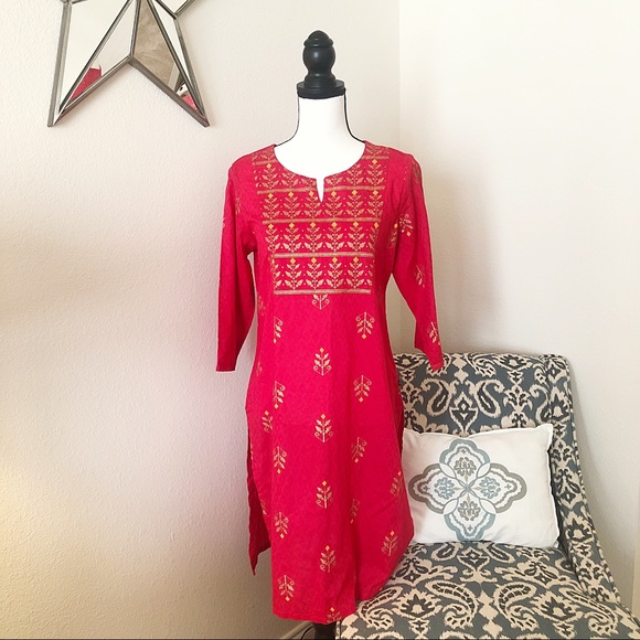 Avaasa Coral Red Kurti With Gold Details - Picture 1 of 9